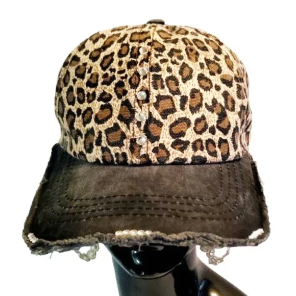 Leopard Distressed Baseball Cap with Adj. Strap & Swarovski Crystals - Picture 2 of 5